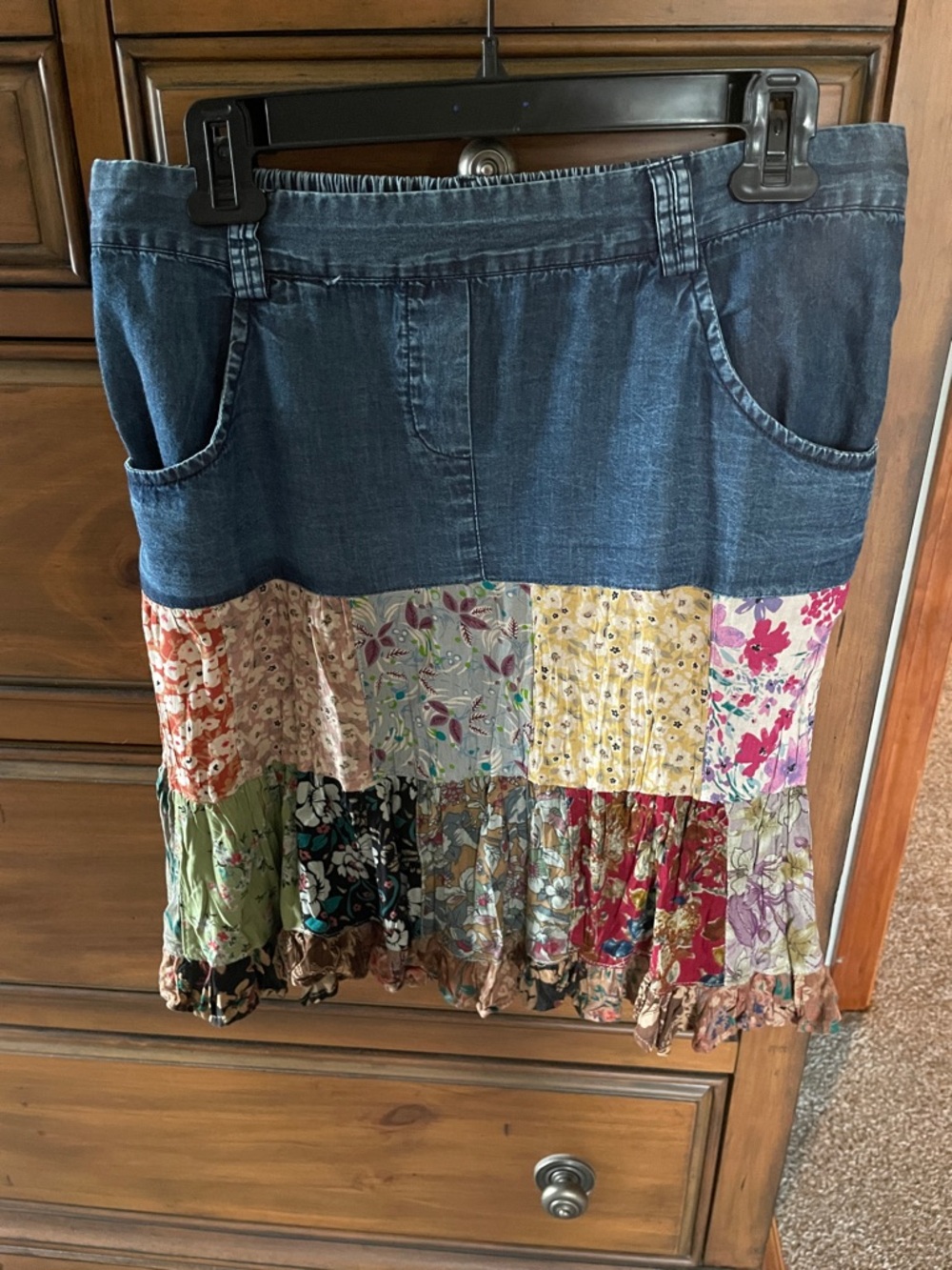 Young Thread bohoDenim Patchwork Floral A-Line Skirt - Blue, Yellow, Pink, Green
